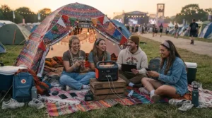 A compact power station for weekend trips keeping phones charged at a lively music festival campsite