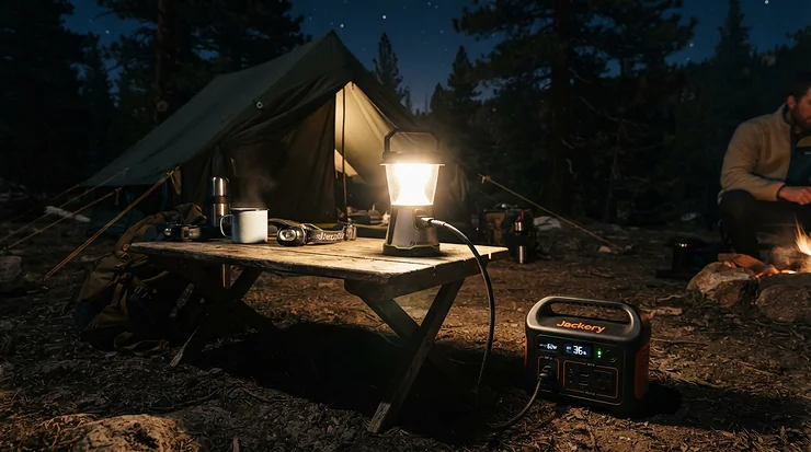 A power station for weekend trips supplying electricity to an LED lantern during a night under the stars