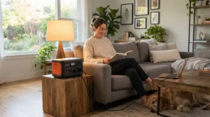 A sleek power station for whole house backup operating quietly in a modern British living room during a power cut