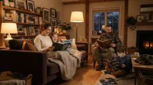 Family relaxing in a living room powered by a power station for whole house off-grid system.