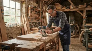 An artisan using a solar generator power station for workshop power tools on fine architectural joinery.