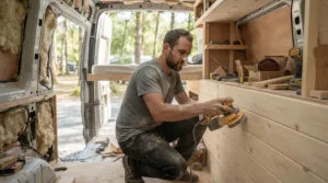 Using a power station for workshop power tools while fabricating wooden cabinetry for a camper conversion.