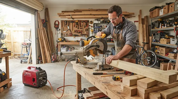 Using a power station for workshop power tools to run a heavy-duty mitre saw during a garage renovation.