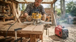 Shaping timber edges with a router table plugged into a high-capacity power station for workshop power tools.