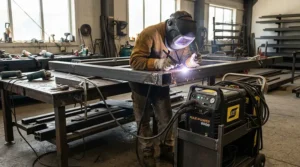 A compact power station for workshop power tools operating a small arc welder in a backyard metal workshop.