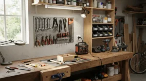A garage workspace featuring a power station vs generator for home backup in a terraced house.