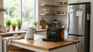 Running essential kitchen appliances using a power station vs generator for home backup solution.