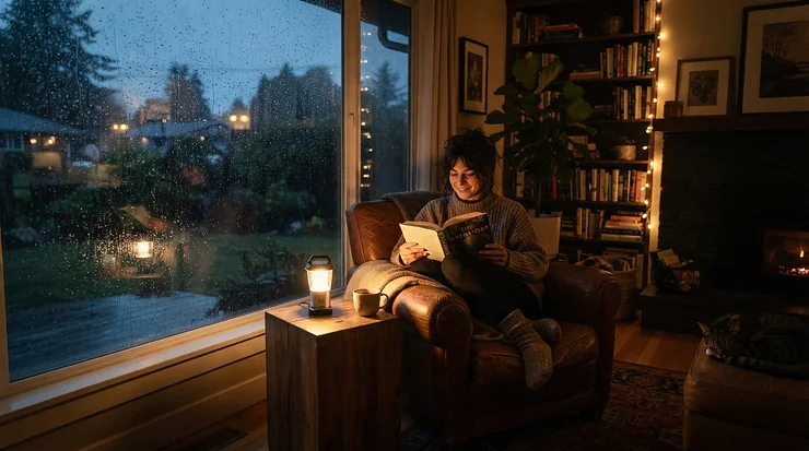A modern power station vs generator for home backup setup powering living room lamps during a blackout.
