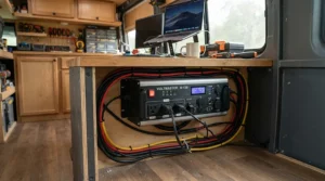Rechargeable power supply unit hidden neatly away in a mobile catering unit to run refrigeration units.