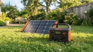 A 700Wh solar generator charging DIY tools inside a wooden garden shed in the UK