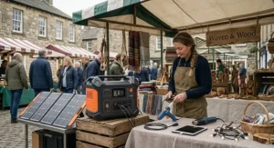 Solar generator power station charging equipment at an outdoor craft market in Britain.