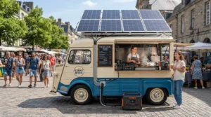 Solar power station for food truck connected to rooftop panels on a mobile burger van in the sunshine.