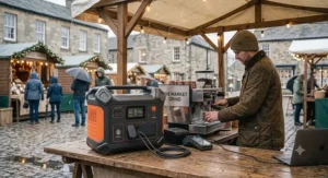 Water resistant power station supplying reliable energy during wet weather at a UK outdoor market.