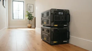 EcoFlow vs Jackery for home backup featuring stacked expandable battery packs in a hallway
