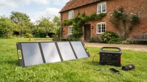 EcoFlow vs Jackery for home backup recharged via portable solar panels in a British garden