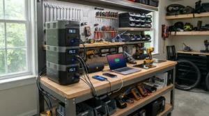 A heavy-duty stackable power station charging multiple devices and electric bicycle batteries in a garage