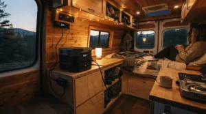 A portable stackable power station set up inside a campervan for off-grid camping trips across the countryside