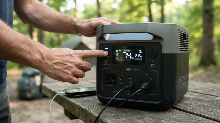 Checking watt-hours capacity on the LCD screen of a portable power station for power cuts.