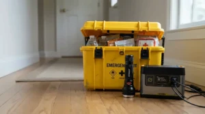 An emergency preparedness kit including a portable power station for power cuts alongside a torch and first aid box.