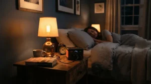 A bedside lamp plugged into a portable power station for power cuts to provide illumination during dark winter evenings.