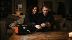A family charging smartphones using a portable power station for power cuts while sitting on a sofa in the dark.