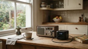 Listening to emergency updates on a digital radio powered by a portable power station for power cuts.