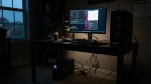 A desktop computer connected to a portable power station for power cuts featuring automatic UPS backup protection.