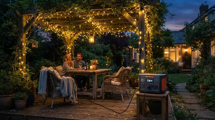 A portable stackable power station supplying outdoor speakers and string lights for a patio gathering