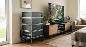 A stackable home power station for growing power needs neatly positioned in a modern living room