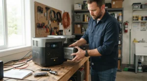 A homeowner adding an extra battery module to a power station for growing power needs