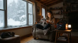 A reliable power station for long power outages keeping a family home warm and lit during a severe winter storm in the UK.
