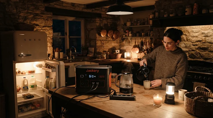 Using a robust power station for long power outages to run essential household appliances in a remote British country cottage.