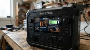 A heavy-duty power station for long power outages displaying multi-day battery runtime on its digital screen during a grid failure.