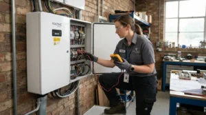 A professional engineer inspecting a newly fitted whole house power station system in a domestic garage
