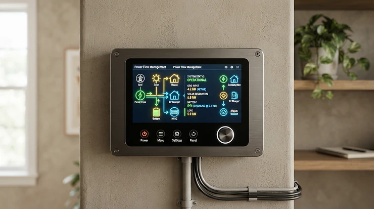 A whole house power station system integrated with a smart home meter in a modern hallway